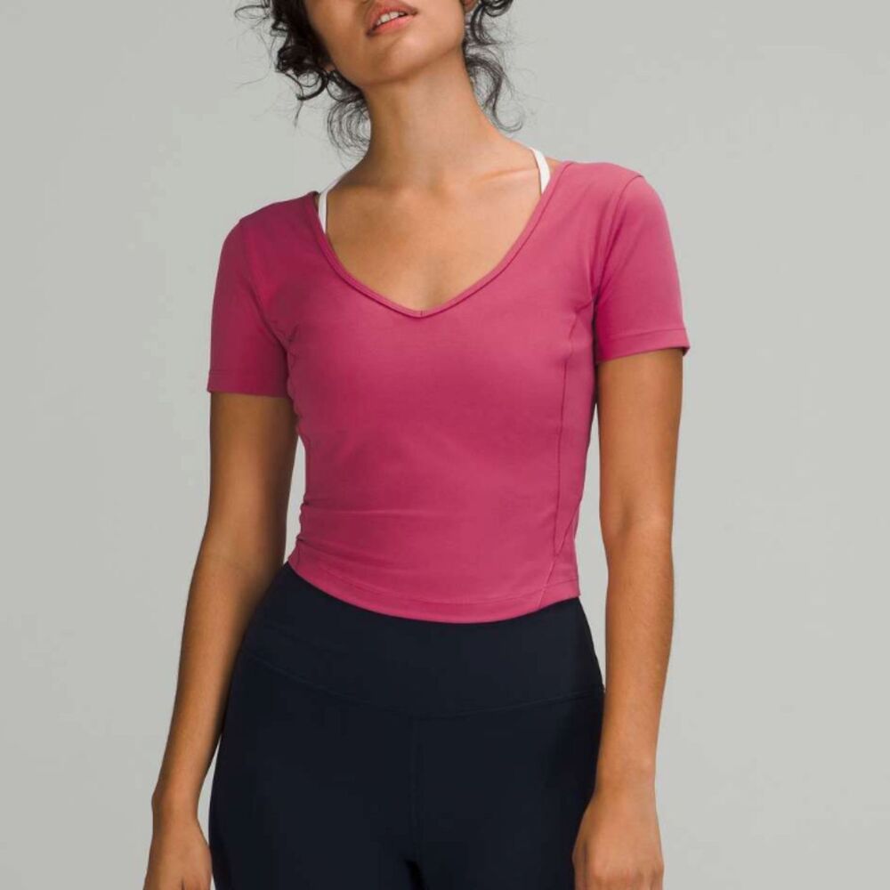 Women Lululemon Align T-Shirt Cropped Slim Fit Pink Lychee Athleisure Yoga